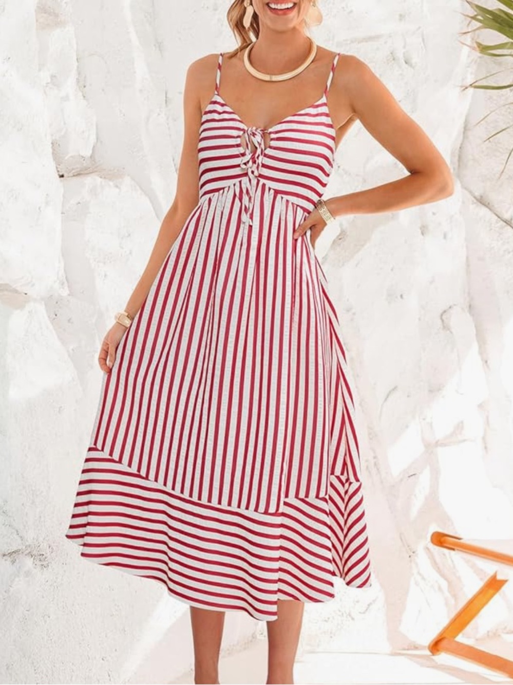Cupshe women Spaghetti Strap Red & White Striped Tie-Front Maxi Dress